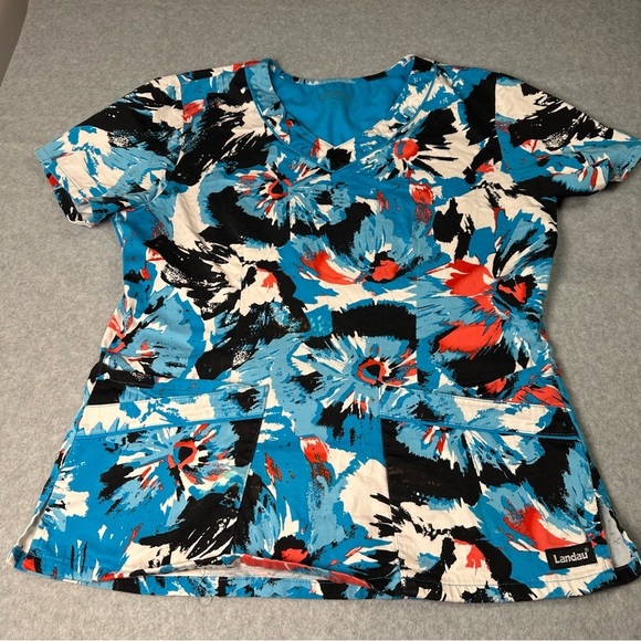 Landau Tops - Landau Women's M Floral Scrub Top‎ - Blue and Red